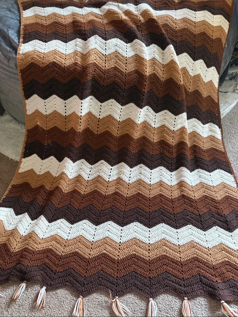 Hand Crafted Brown, Tan & White Chevron Crochet Throw Blanket